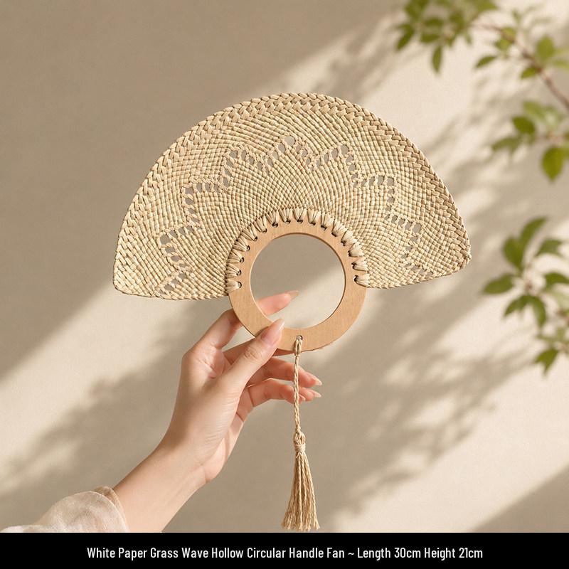 Tai Life Women's Handmade Wabi-sabi Cattail Fan: Artistic Summer Rattan Craft, Chinese Style Intangible Heritage Round Fan