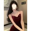 Premium Golden Velvet Suspender Dress Women's Summer Sexy Tight Fishtail Long Dress Split Hip Wrap Dress Dress