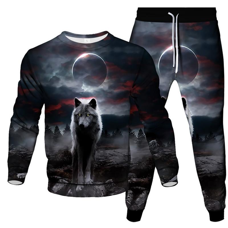 Spring Autumn Dazzle Wolf 3D Print Sportswear Set Casual T Shirt Pants 2-Piece Set Oversize Pullover Hip Hop Unisex Clothing