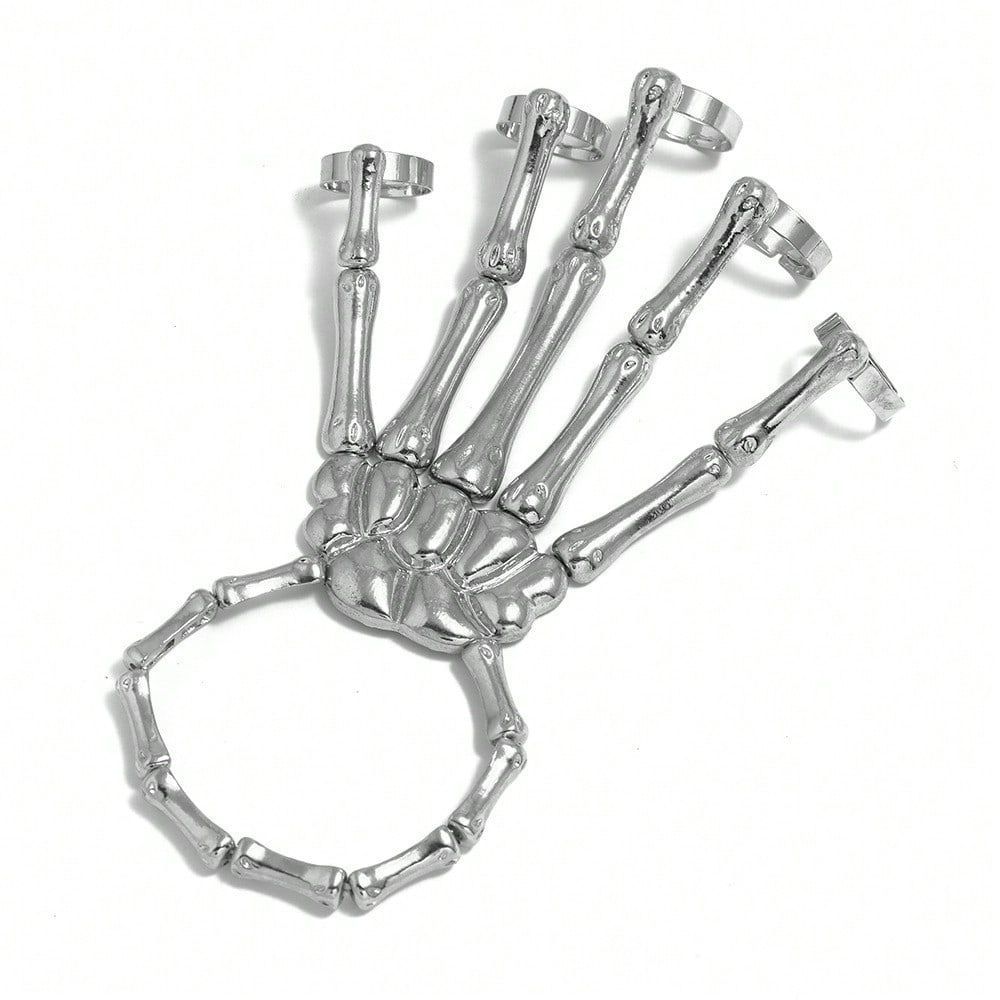 Europese en Amerikaanse Nieuwe Sieraden Mode Persoonlijkheid Punk Schedel Hand Bot Veelzijdige Vijfvingerige Ring Armband Verstelbare Geïntegreerde Ketting 1pcs zilver
