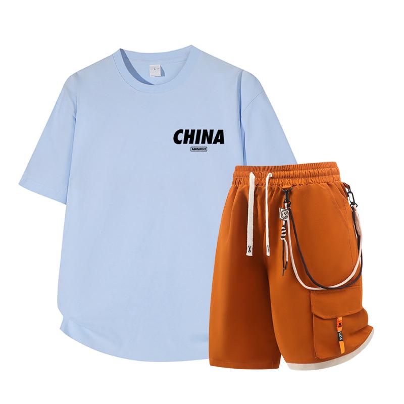 Dmo Men's Short Sleeved Set Summer Short Sleeved Slim Fit Upper Garment Men's Two-piece Set