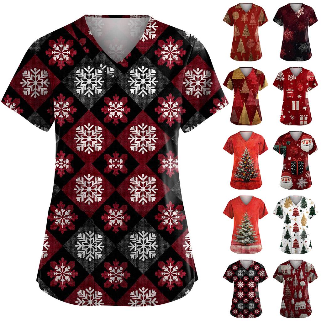 Women's Fashion V-Neck Short-Sleeved Workwear With Pockets Christmas Print Top Caregiver Uniform