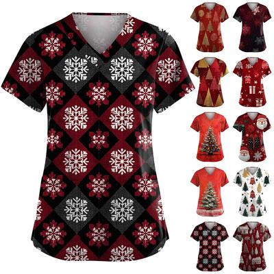 Damska Moda Dekolt w Serek Krótki Rękaw Odzież Robocza z Kieszeniami Top z Nadrukiem Świątecznym Uniform Opiekuna