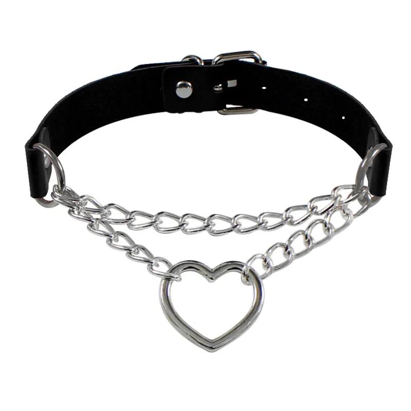 1PC Punk Rock Gothic PU Leather Necklace Heart Round Spike Rivet Collar Studded Choker Chain Necklace Handmade Body Jewelry