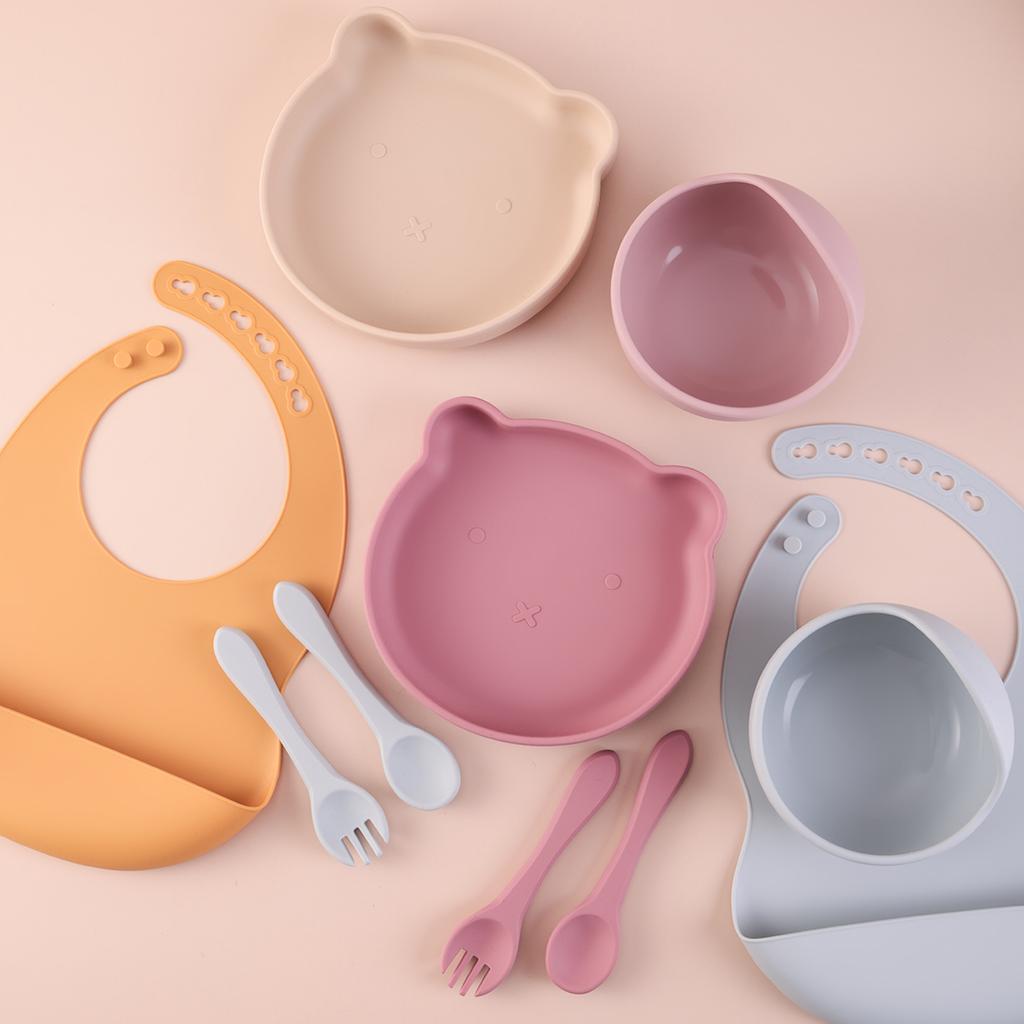 Color Kids 5PCS Food Grade Silicone Feeding Set Sucker Dishes Plate Self Feeding Bowl Sippy Cup BPA Free Toddler Meal Essentials