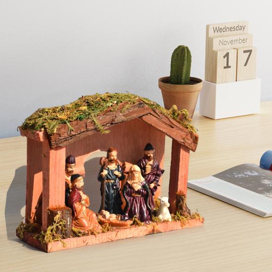 Christmas Nativity Figurine Set Jesus Manger Scene Holy Family Resin Statue Religious Christmas Stable Figures Set for Indoor Tabletop Decor