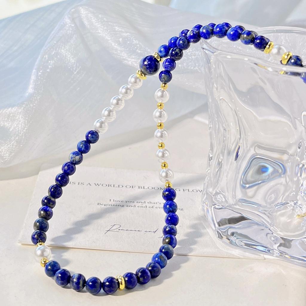 High Quality Natural Lapis Lazuli Artificial Crystal Pearl Necklace Collarbone Chain