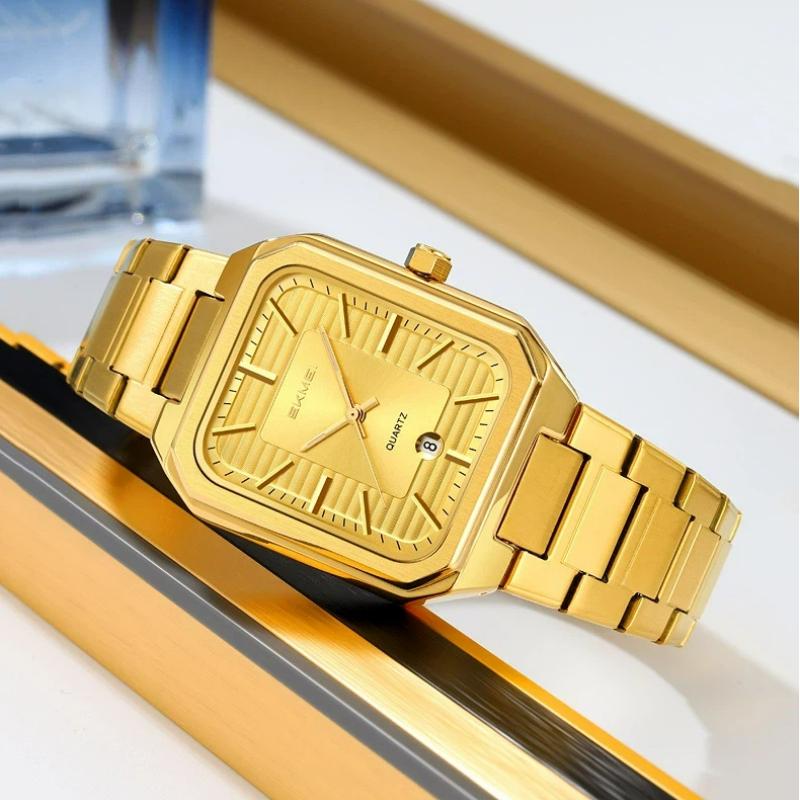 SKMEI Luxury Business Square Quartz Watches Classic Stripe Design Dial with Stainless Steel Band Wristwatch for Men