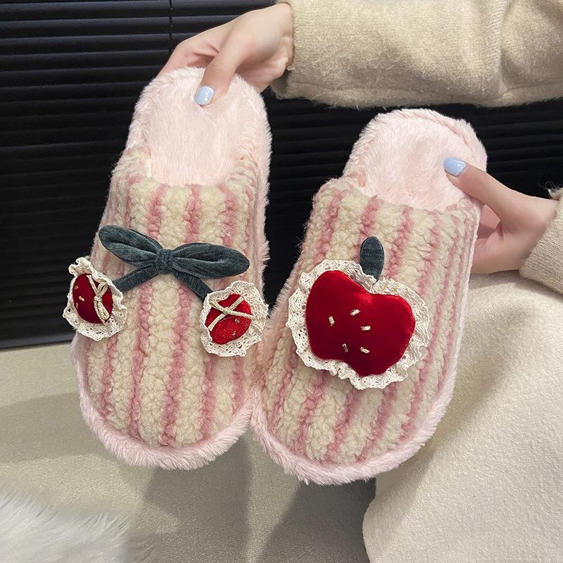 Korean personality cute kitten couple hairy shoes casual winter women's shoes fun home contrasting striped cotton slippers