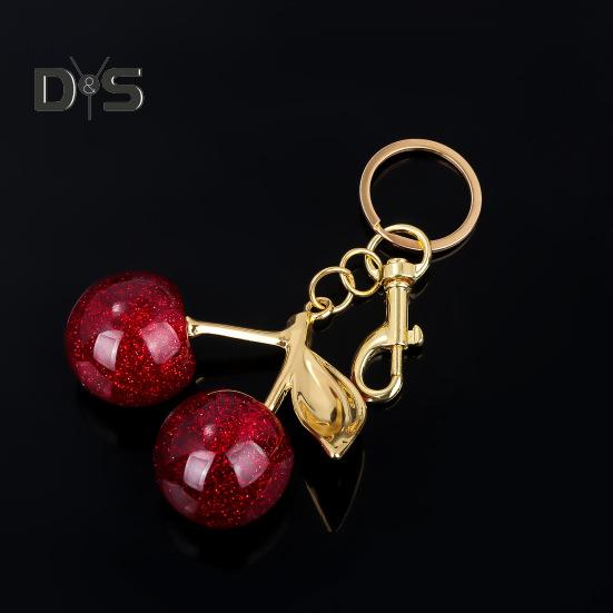Keychain Bag Charm with Golden Shimmering Resin Cherries Hypoallergenic Steel Key Pendant Bag Wallet Accessory