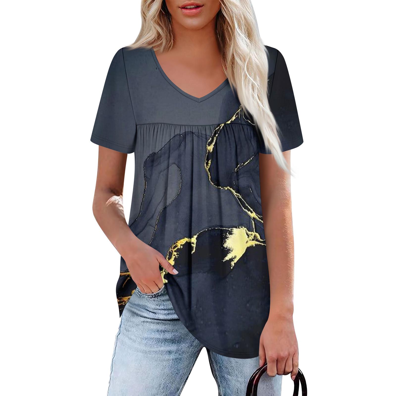 

Женский повседневный топ с V-образным вырезом, коротким рукавом, оборкой на груди и принтом XXXL тёмно-синий