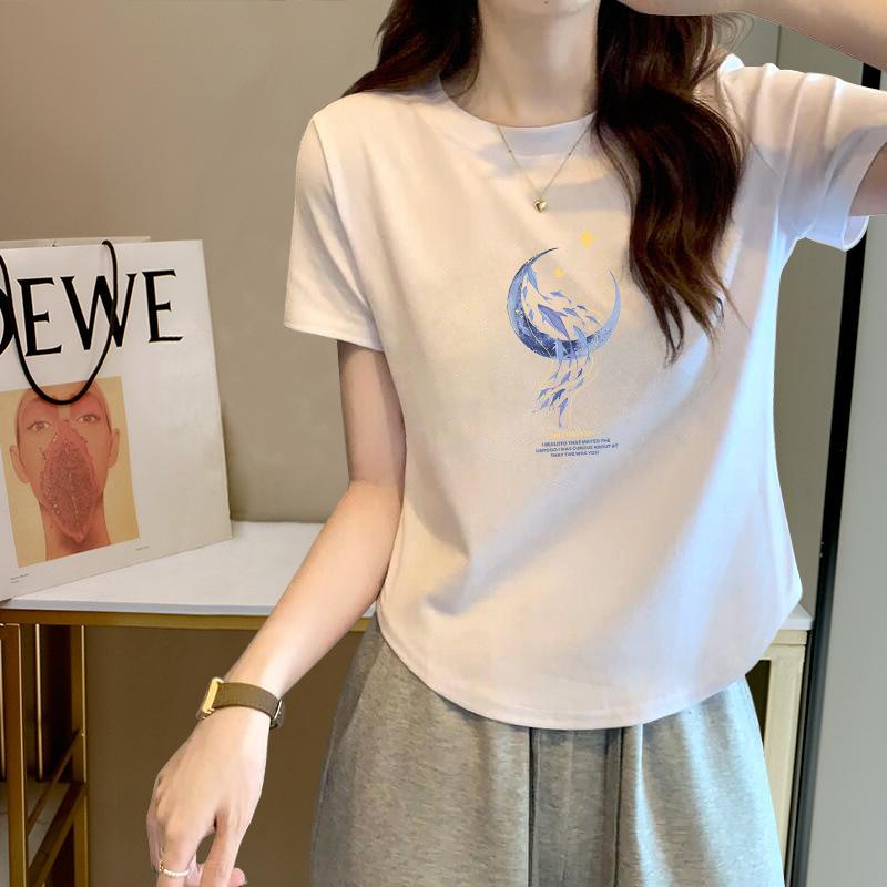 

Chic niche short-sleeved high-quality pure cotton white printed top for women s irregular arc hem simple T-shirt for women M