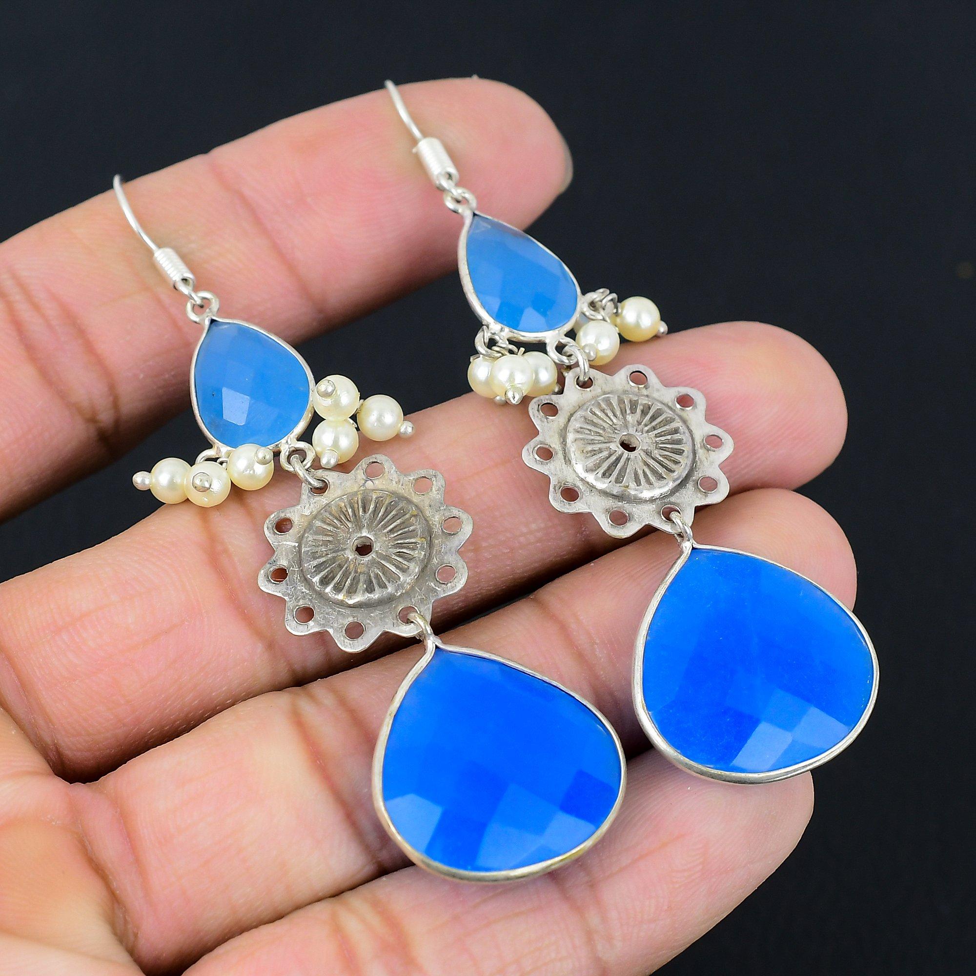 

Blue Sapphire Stone 925 Silver Wife Drop Dangle Birthday Hook Earrings Jewelry