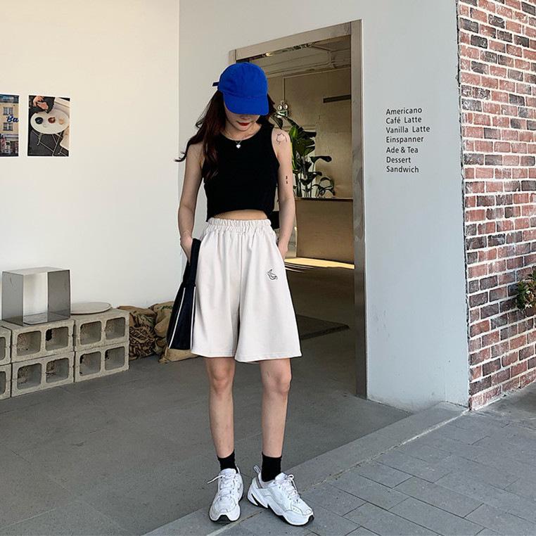 Damen Baumwolle Bestickte Sommer-Shorts - Koreanischer Stil, Lockere Passform, Hohe Taille, Weitbeinige Lässige Fünf-Punkt-Hose