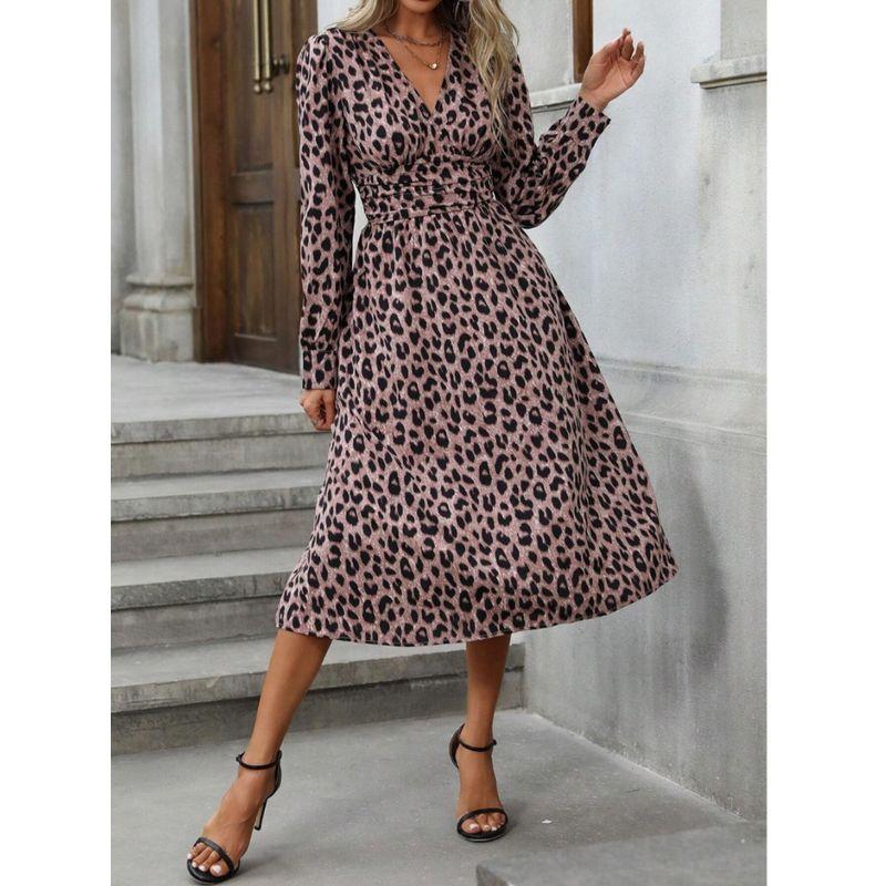 Fashion Wind Spring New Arrival Fashion V-neck Leopard Print Print Elastic and Waisted Mid Length Long Length Long Sleeves Dress Female Dress
