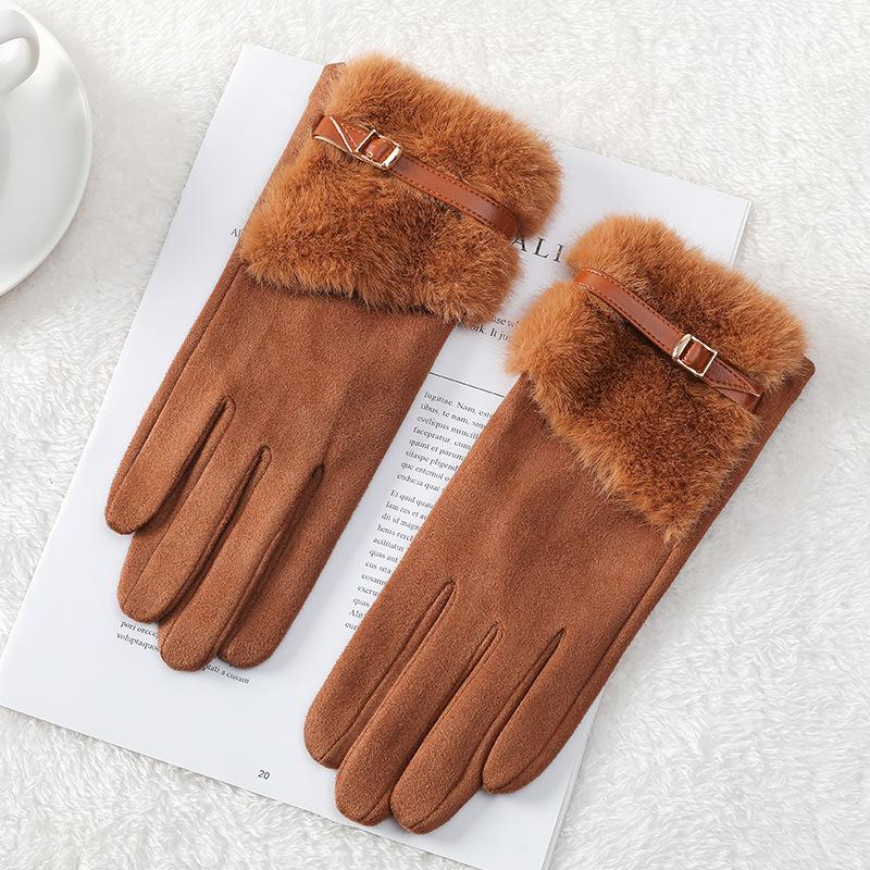 Suede Gloves Women's Autumn and Winter Mink Fur Belt Windproof and Velvet Warm Touch Screen Outdoor Electric Vehicle Riding Gloves