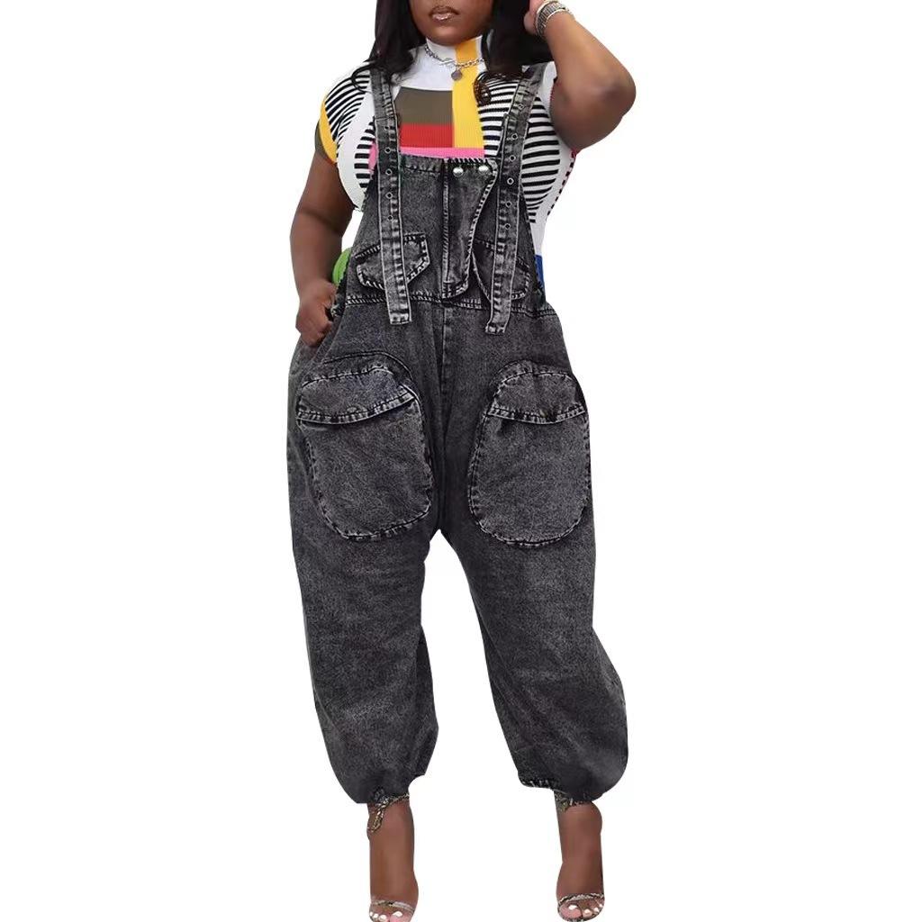 Wmstar Women's Jumpsuit Denim Cargo Pockets One Piece Outfits Wide Leg Black Fashion Streetwear Romper Wholesale Dropshipping
