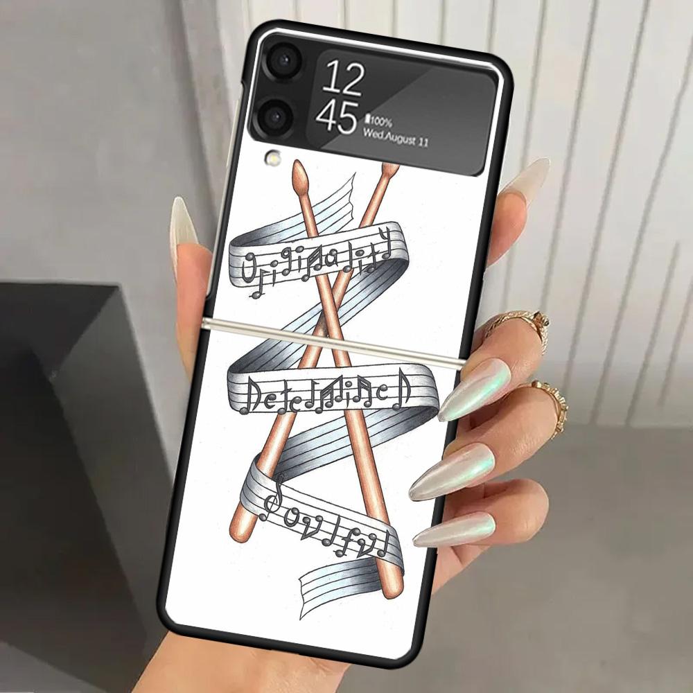 Musical Instrument Drum Rock Hard PC Phone Case For Samsung Galaxy Z Flip 7 6 5 4 3 Black ZFlip7 ZFlip6 Flip5 Flip4 Flip3 5G Pri