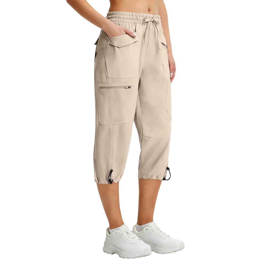 Damen Elastische Hohe Taille 3/4 Hose Lässige Passform Weite Capri-Hosen mit Taschen