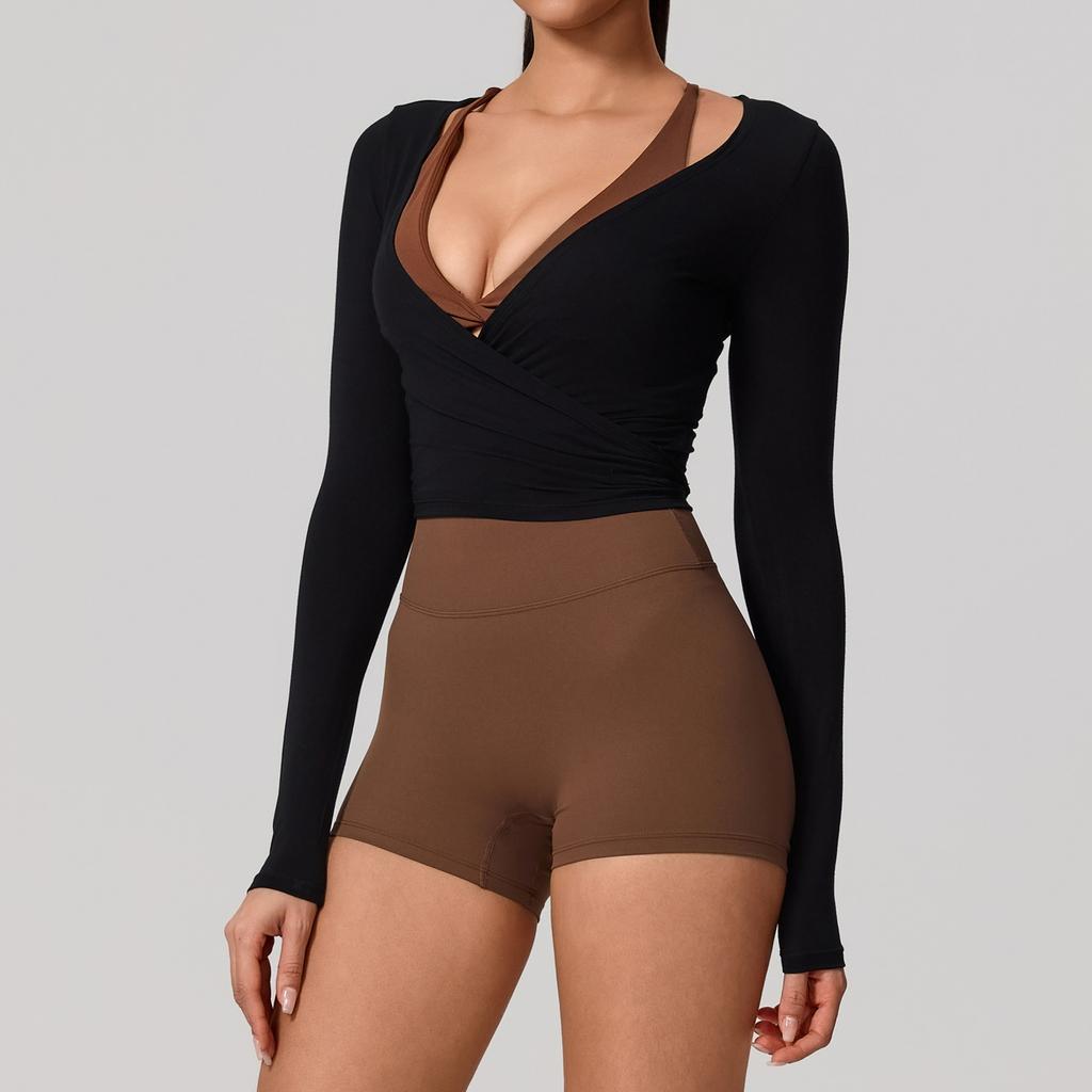 Hearuisavy Summer Women's Yoga Shirt Long Sleeve Sportswear Gym Breathable Quick Dry Sports Top Pilates Dance Ballet Wrap Tops