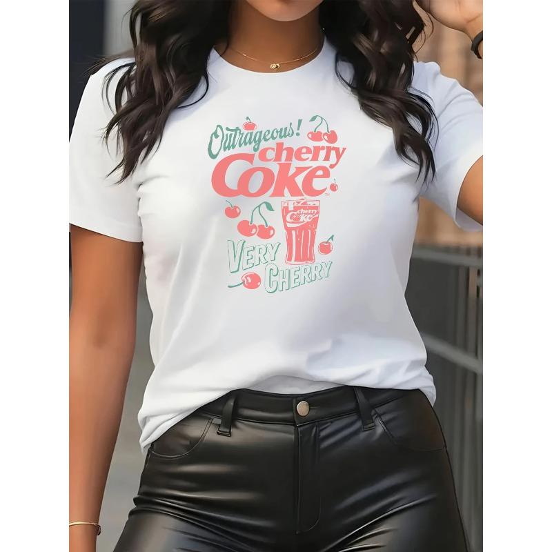 

Женская футболка с коротким рукавом и круглым вырезом с принтом Вишневая кола - Спортивный и повседневный стиль, Мягкая и дышащая, С элегантным принтованным дизайном S белый