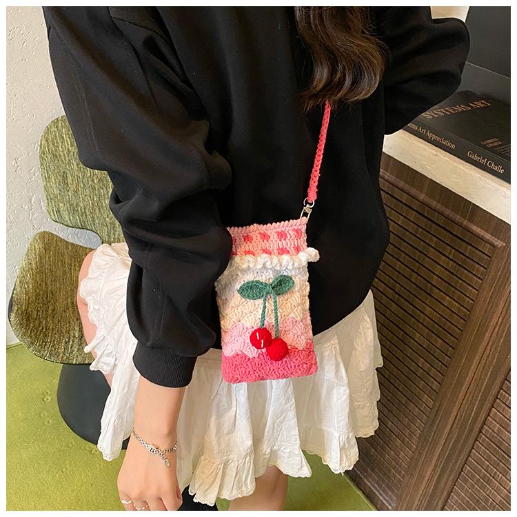 Handmade Crochet Cherry Phone Bag, Cute Pastel Knitted Crossbody Purse For Girls, Mini Drawstring Single Shoulder Pouch