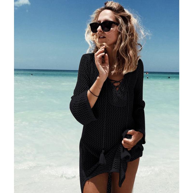 2025 New Beach Cover Up Bikini Crochet Knitted Tassel Tie Beachwear Summer Swimsuit Cover Up Sexy See-through Beach Dress