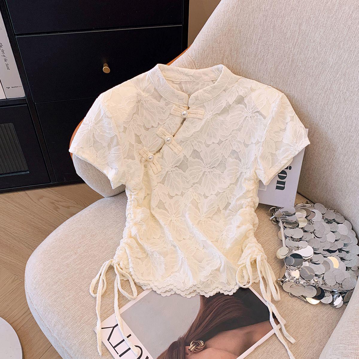 Women s Summer Frog Button Lace Top with Jacquard Embroidery and Drawstring Waist Large абрикосовый