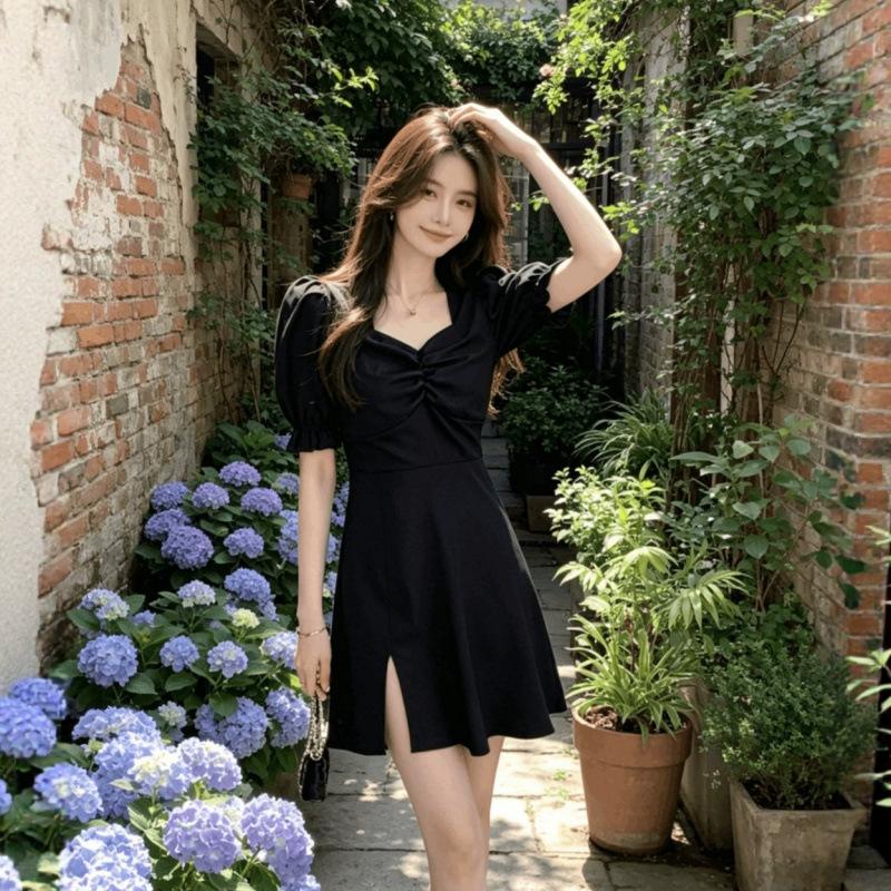 Summer New French Retro Hepburn V-neck Slim Waist Split Dress Children