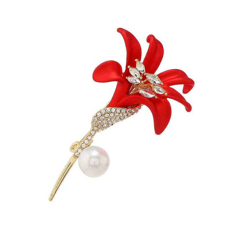 Premium sense red lily crystal brooch feminine elegance suit brooch high-end luxury coat pin trendy