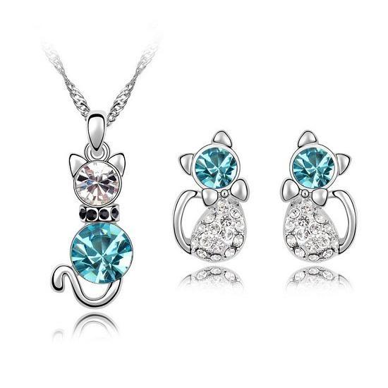 Cat Crystal 3pcs Shaped Necklace Earrings Jewelry Set Gift Teen Girls Women For