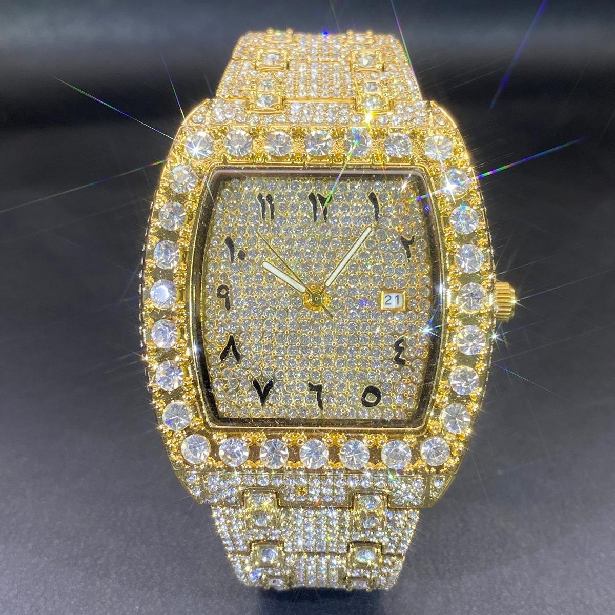 

Hip Hop Iced Out Wristwatch Silver Full Rhinestone Luxury Men s Barrel Case Quartz Watch золотой