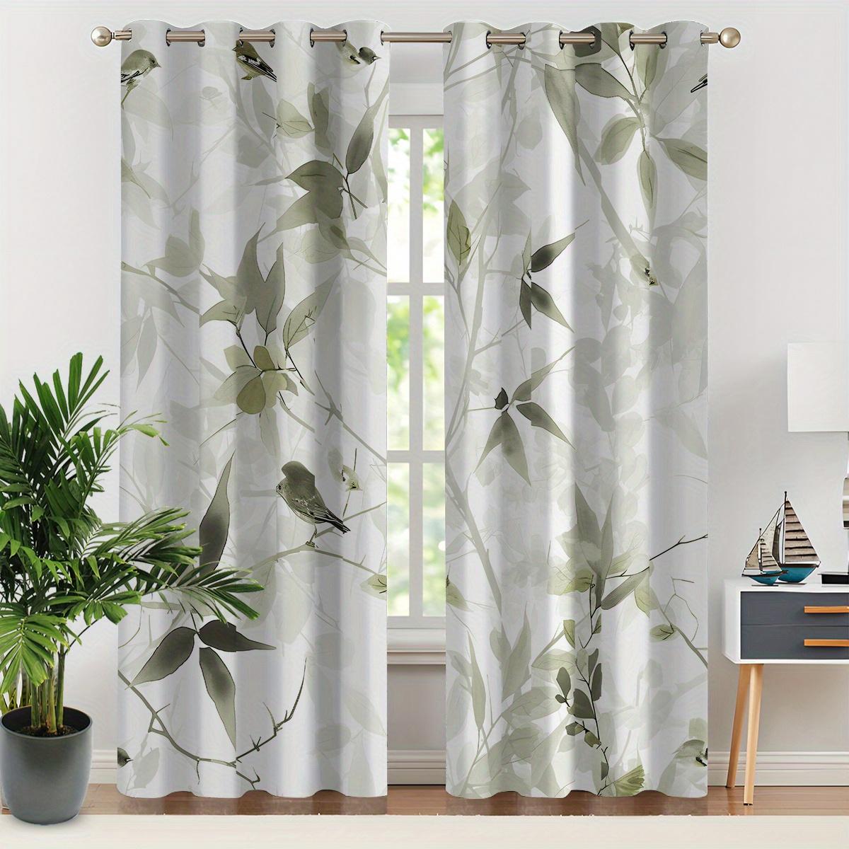 

2Pc Light Green Plant Pattern Printed Curtains, Polyester Fabric, Machine Washable, Suitable For Living Room/Bedroom Decoration 53x116cm &2pc