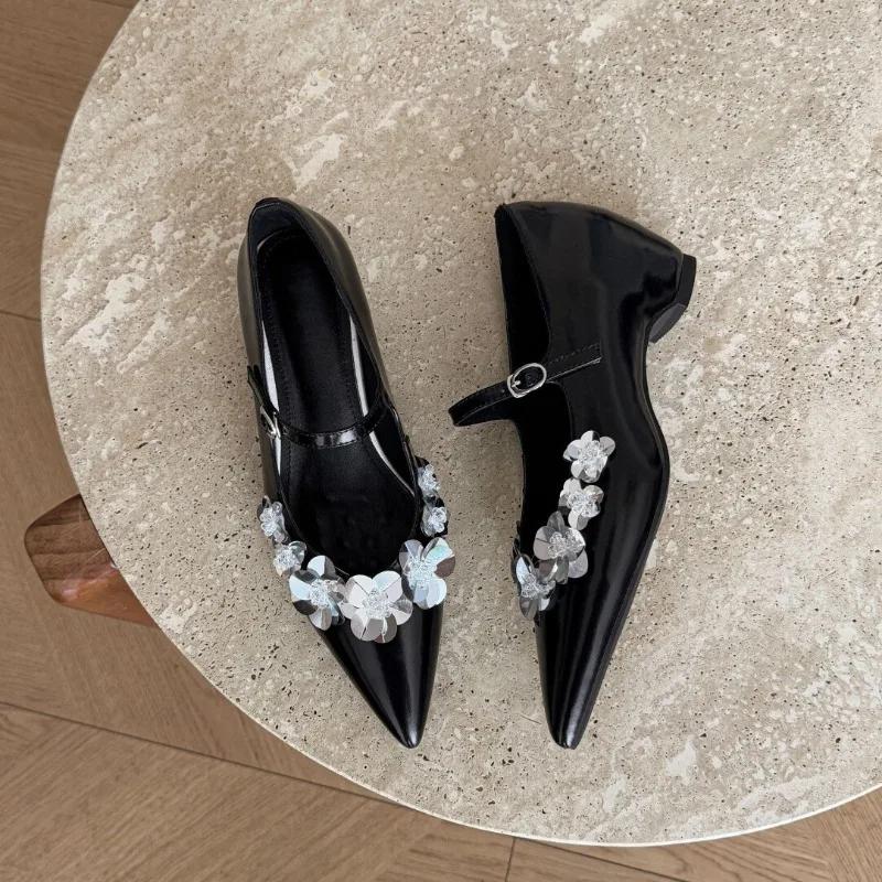 Fashion New Pointed Toe Sequin Flower Mary Jane Women's Shoes One Buckle Strap Shallow Mouth Inside Heighten Soft Sole Flat Single Shoes
