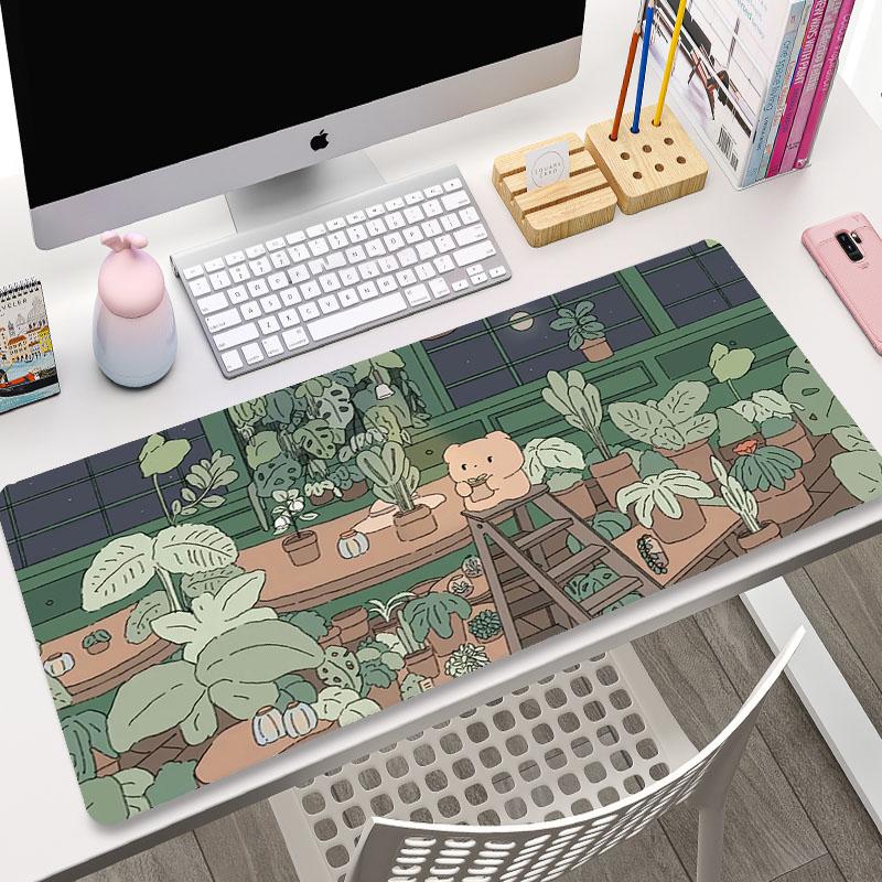 Niedliche Katze Großes Gaming-Tastatur-Mauspad XL Grüne Pflanze Computer-Gamer-Tablet-Mauspad Langes Mauspads XXL x Spiel-Mausmatten