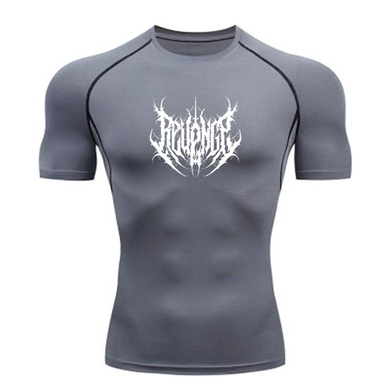 Men's Compression Workout T-Shirt, Spiky Deathmetal Font Print Quick Dry Breathable Athletic Shirt for Gym Running Train
