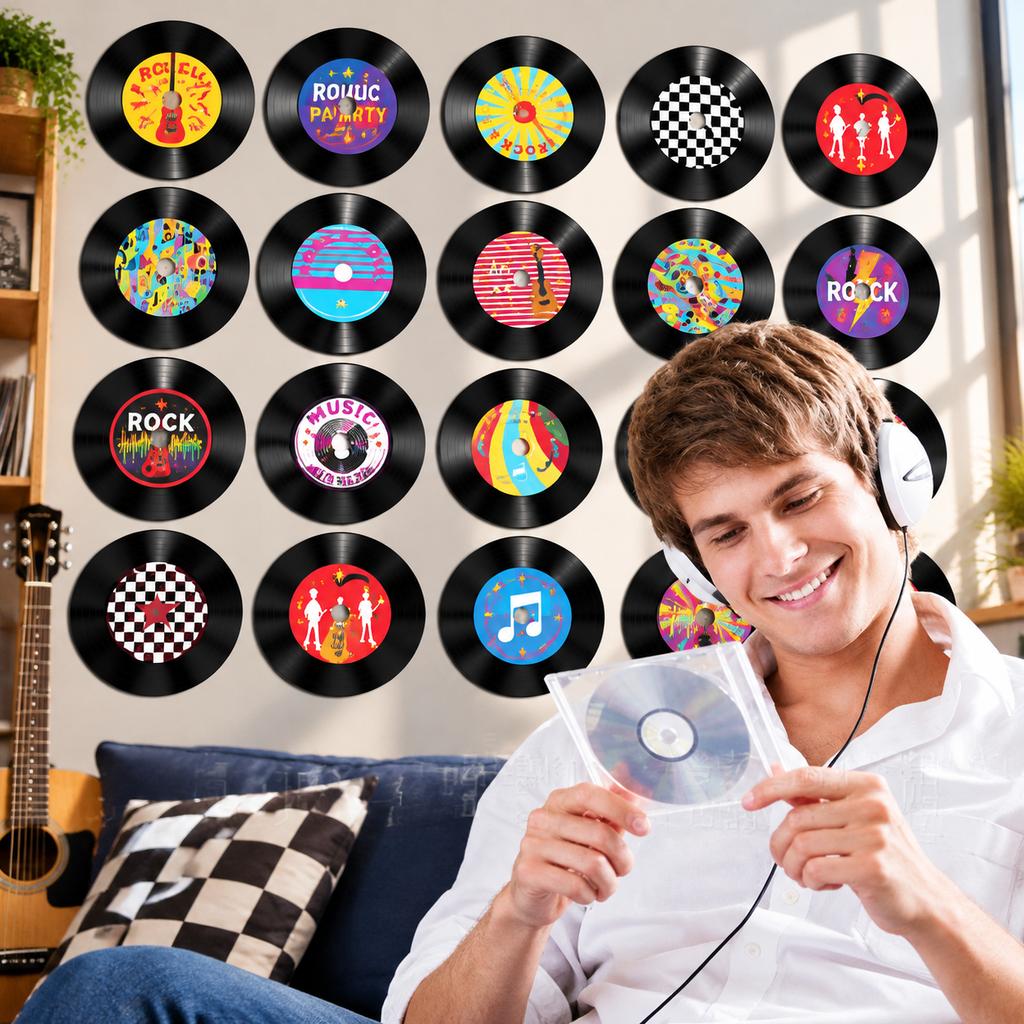 Retro Vinyl Record Wall Stickers, 20-Piece Box Set, Cardstock Round Decals, 14.2 cm Diameter