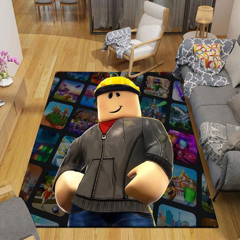 Roblox Flannel Printed Carpet, Home Sofa Decoration for Living Room & Bedroom, Non‑Slip Play Flannel Floor Mat for Game Room