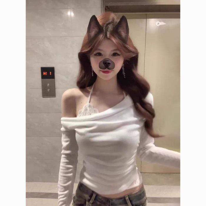 Women s Fashionable Two-Piece Long-Sleeve Lace T-Shirt Extra Large белый