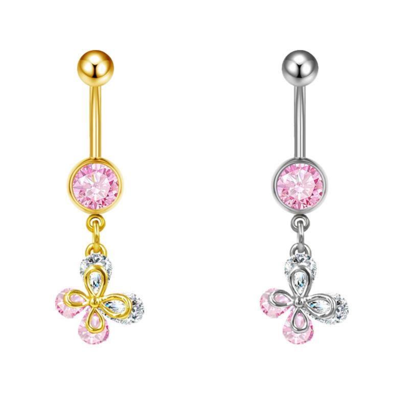 Fashion Pink Crystal Crown Belly Button Rings Stainless Steel Long Pendant Butterfly Heart Navel Piercing For Women Jewelry