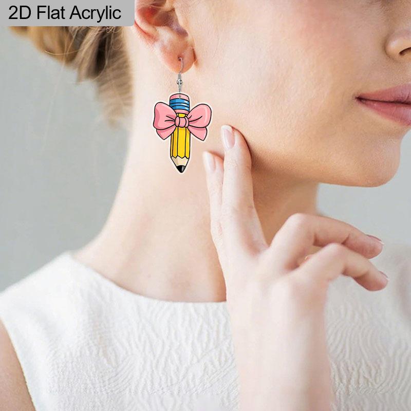 2D Flat Pink Bow Pencil Pattern Acrylic Dangle Earrings Teacher's Day Thanksgiving Gift Graduation Back To School Jewelry