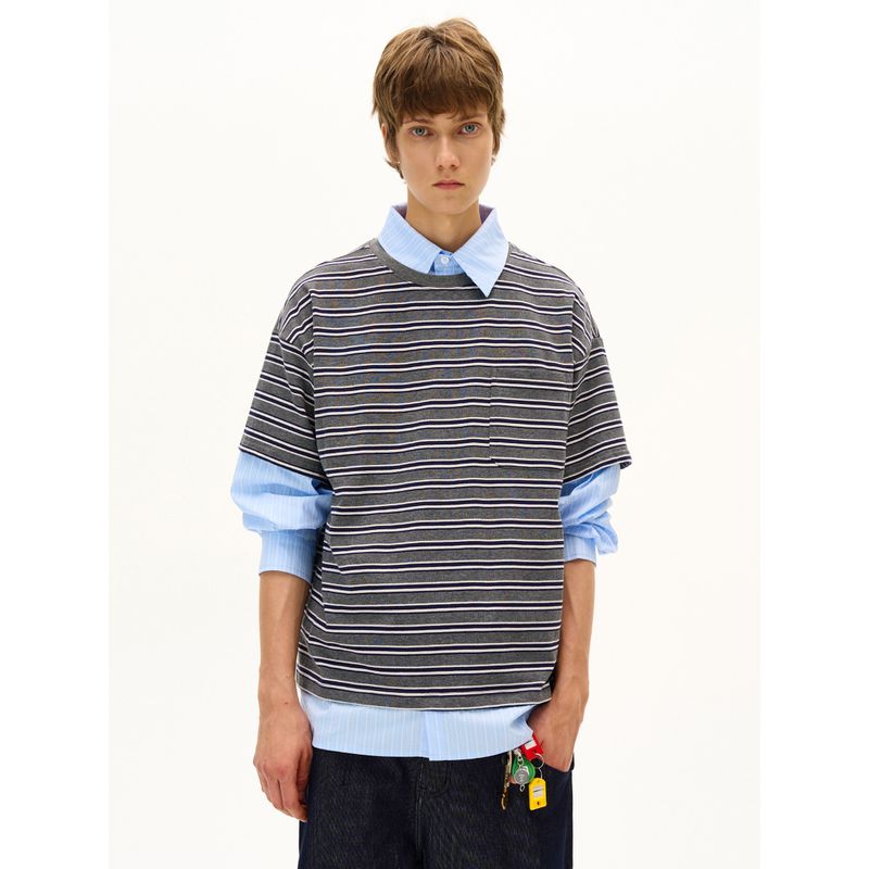 Madwitch American-Style Fake Two-Piece Patchwork Striped Shirt Collar Long-Sleeve T-Shirt for Men and Women, Retro Cool Design Top