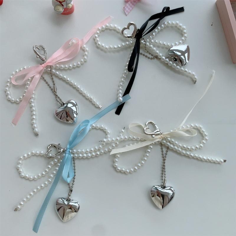 Handgemachter Schleifen-Schlüsselanhänger mit Perlenherz-Dekoration, Handy-Anhänger, Schlüsselring, Taschenanhänger für Handys und Geldbörsen