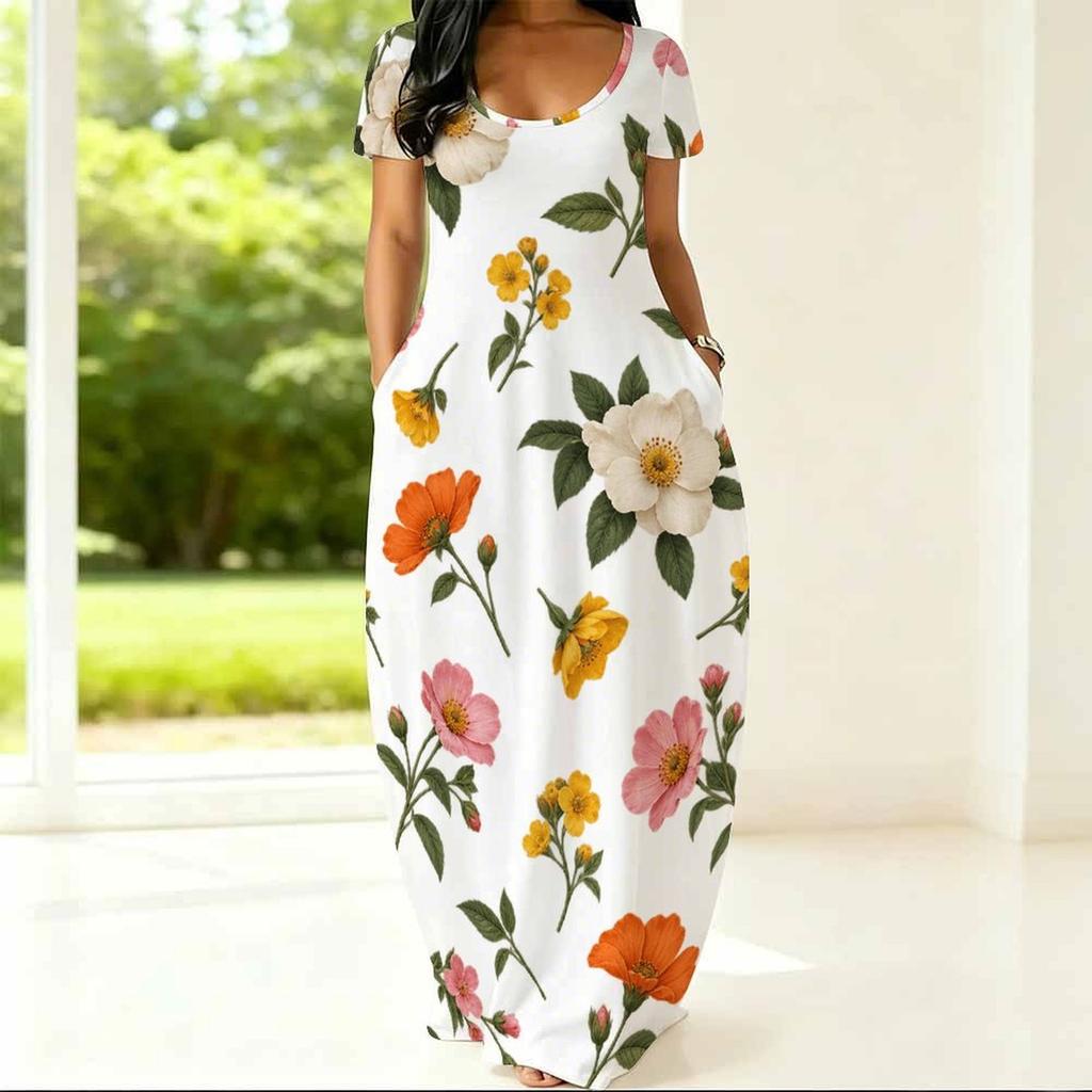 Women Plus Size Round Neck Short Sleeve Floral Printed Side Pockets Loose Maxi Dress