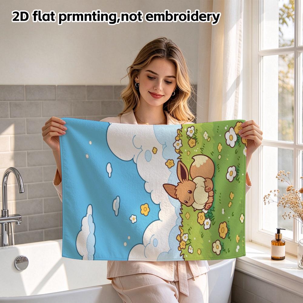 Cute Eevee Bath Towel, Soft Absorbent Quick Dry Shower Towel, Blue Sky Flower Field Cartoon Eevee Print Towel