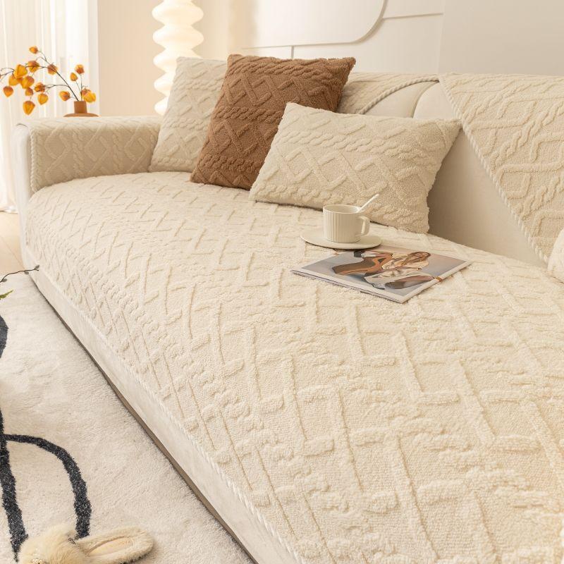 Solid Colored Plush Home Comfortable Sofa Mat Winter Thickened Anti Slip Seat Cushion Modern Minimalist Sofa Cover with Full Coverage Fabric