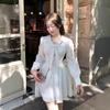 Double-layer Sleeve Throbbing Small White Dress Lace Long-sleeved Shirt Dress French Stunning White Spring and Summer Skirt To Wear