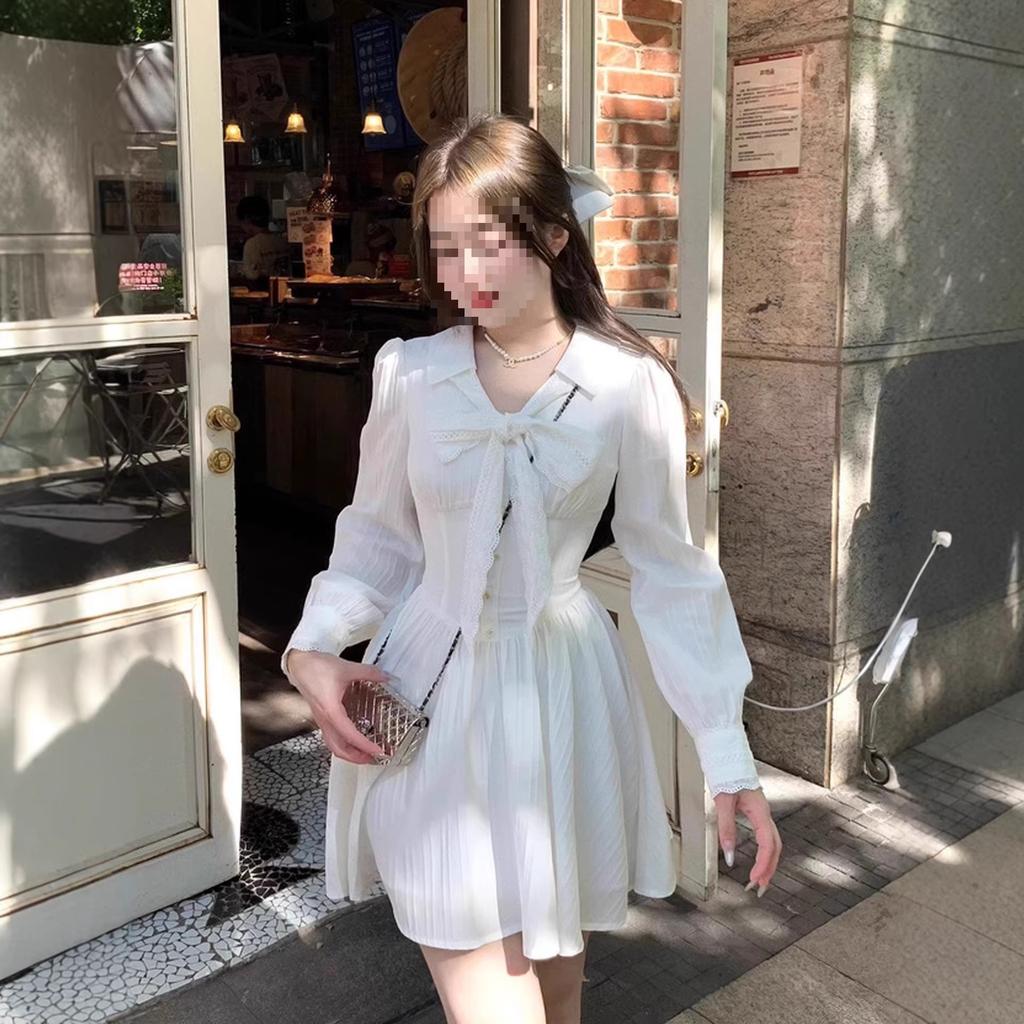 Double-layer Sleeve Throbbing Small White Dress Lace Long-sleeved Shirt Dress French Stunning White Spring and Summer Skirt To Wear