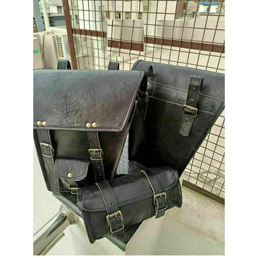 Combo Black Leather Motorcycle Two Saddle Bag Swing Arm Free Tool Pouch