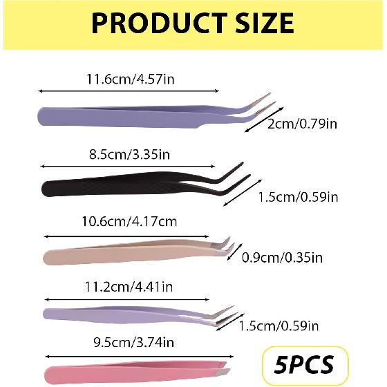 5 Pack Lash Extension Tweezers, High Precision Stainless Steel Eyelash Extension Tweezers, Lashes Versatile Beauty Tool Ideal for Eyebrow Shaping,